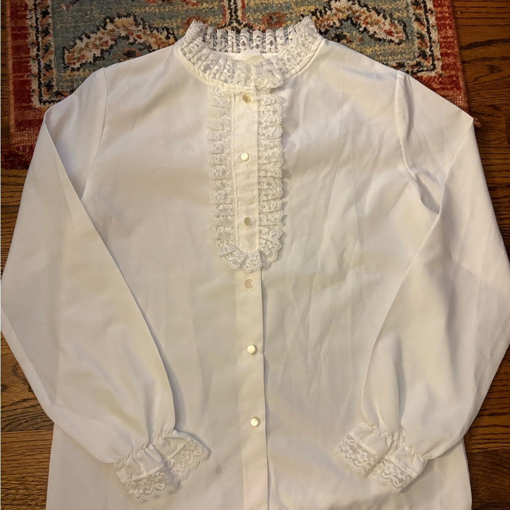 Vintage 1980s White Lace high neck button down Blouse Victorian style size 12
